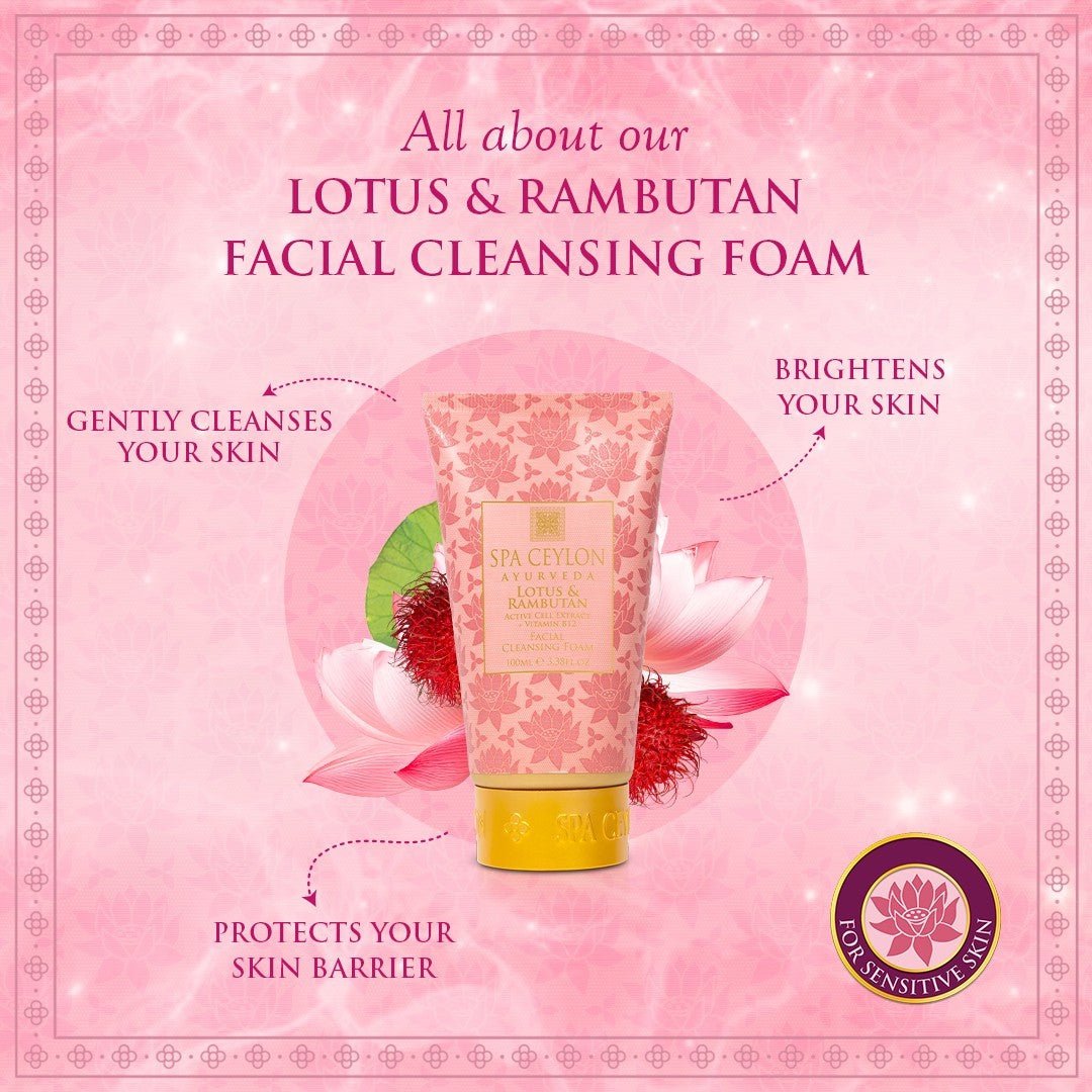 Lotus & Rambutan - Active Cell Extract + Vitamin B12 - Facial Cleansing Foam 100ml - Spa Ceylon UK
